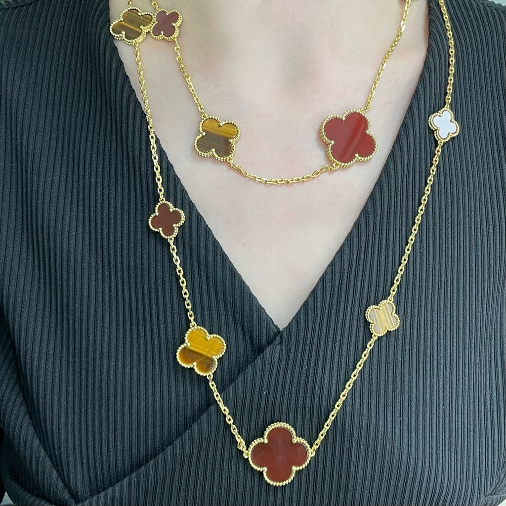 ¡®Imperial¡¯CLOVER 16 MOTIF CARNELIAN TIGER EYE ROSE GOLD NECKLACE