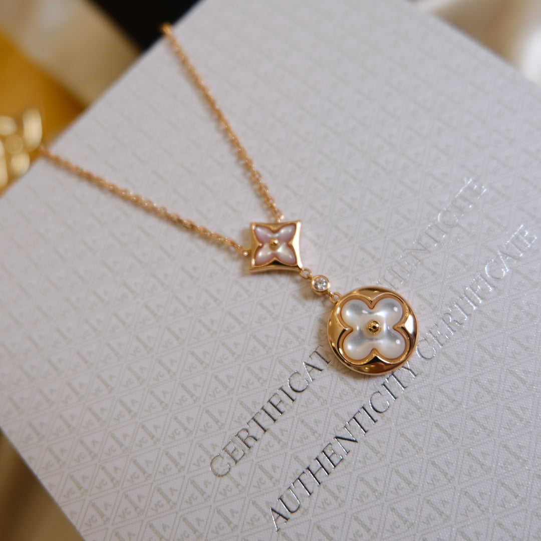 ¡®Imperial¡¯STAR AND SUN WHITE MOP 2 MOTIF PINK GOLD NECKLACE