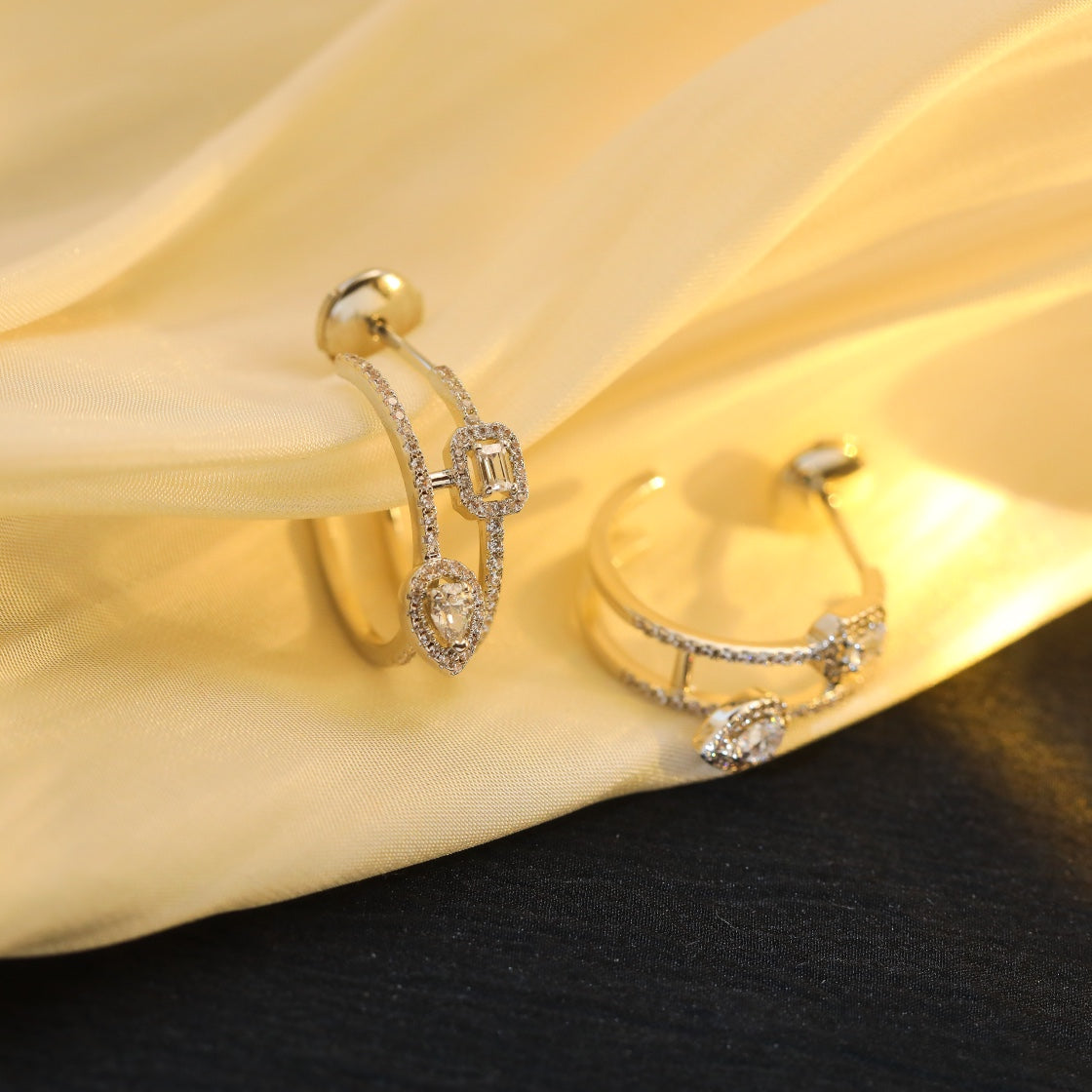 [Imperial Jewelrys]CREOLES MY TWIN 2 RANGS SILVER DIAMOND EARRINGS